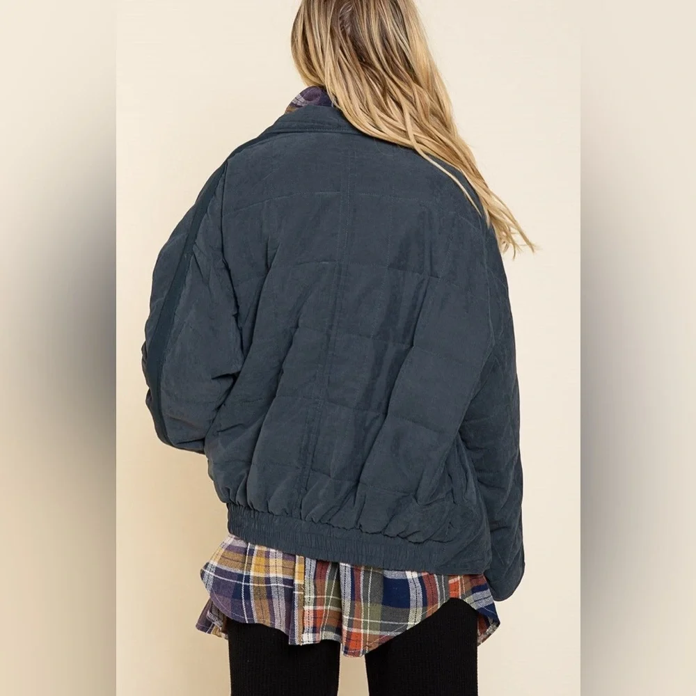 POL Navy Quilted Knit Bomber Jacket Womens Size Large - Picture 5 of 10